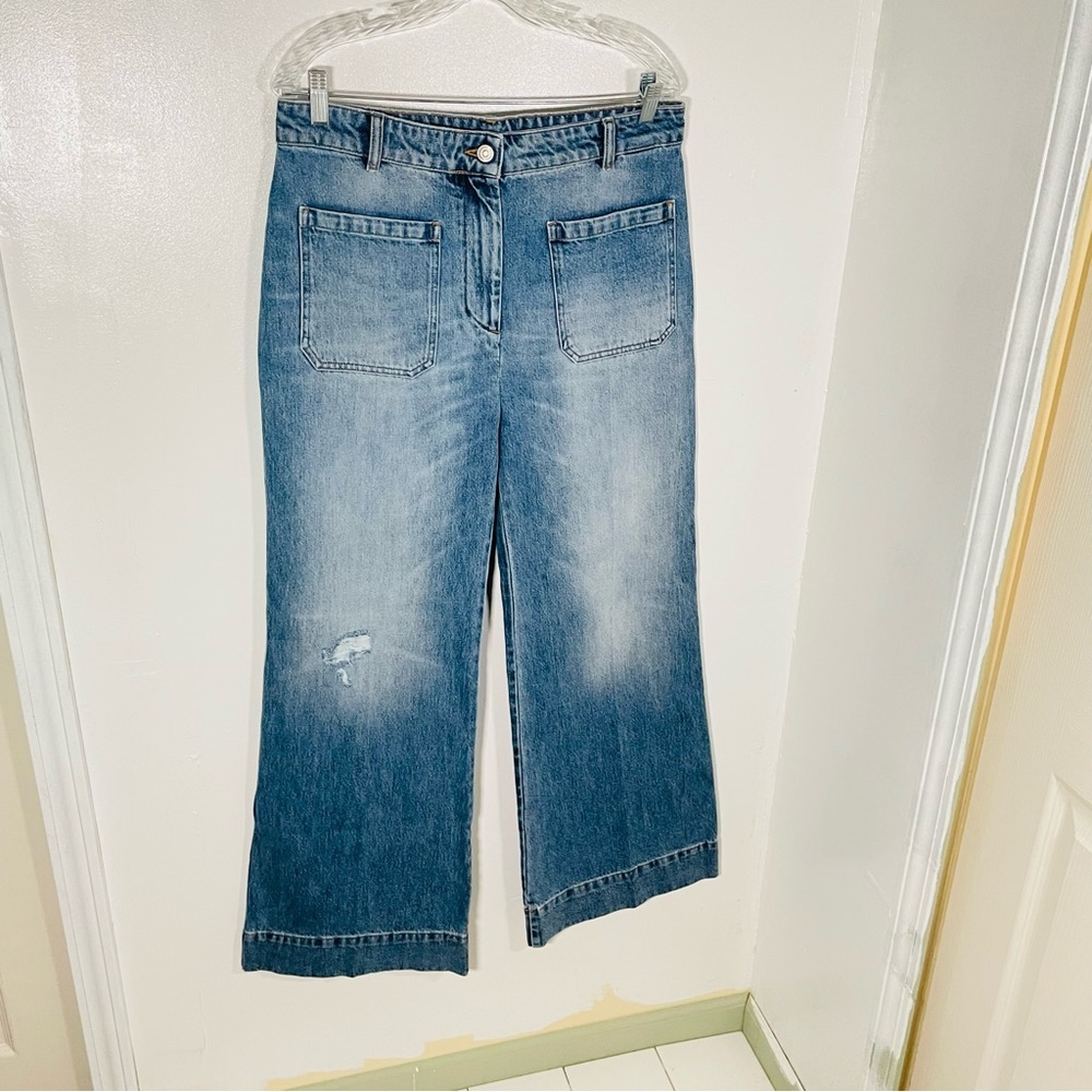 Victoria Beckham Alina High Waist Wide Leg Jeans Worn Blue Wash Distressed Denim - Picture 4 of 11